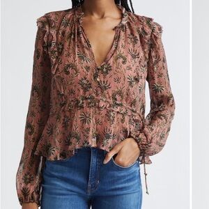 Veronica Beard Ruffled Floral Blouse - Pink and Black